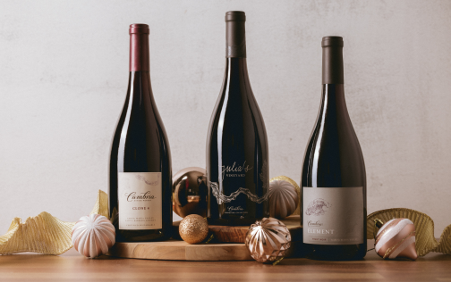 Three bottles of red wine on a table decorated with ornaments.