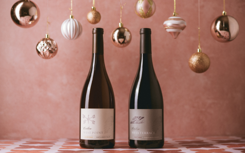 Cambria Merry Red & White Collection wines with holiday ornaments
